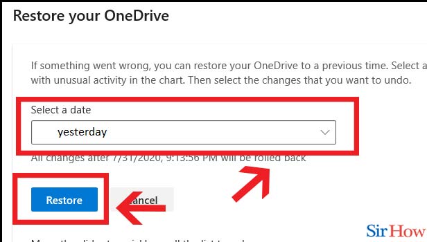 Image title Restore Onedrive to a Previous Date step 4