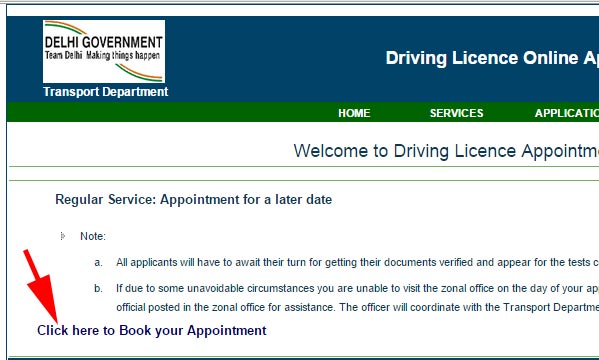 book appointment for driving licence - Delhi